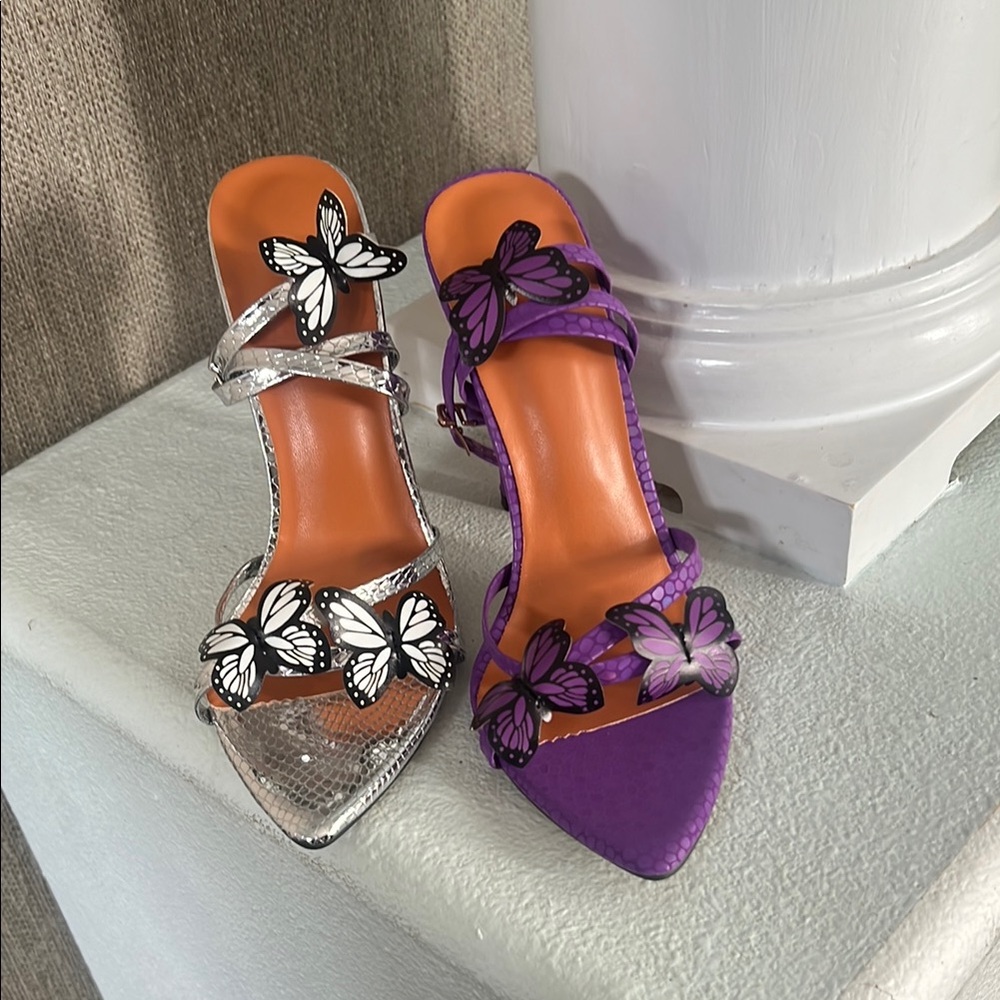 Elegant Silver and Purple Butterfly Heels